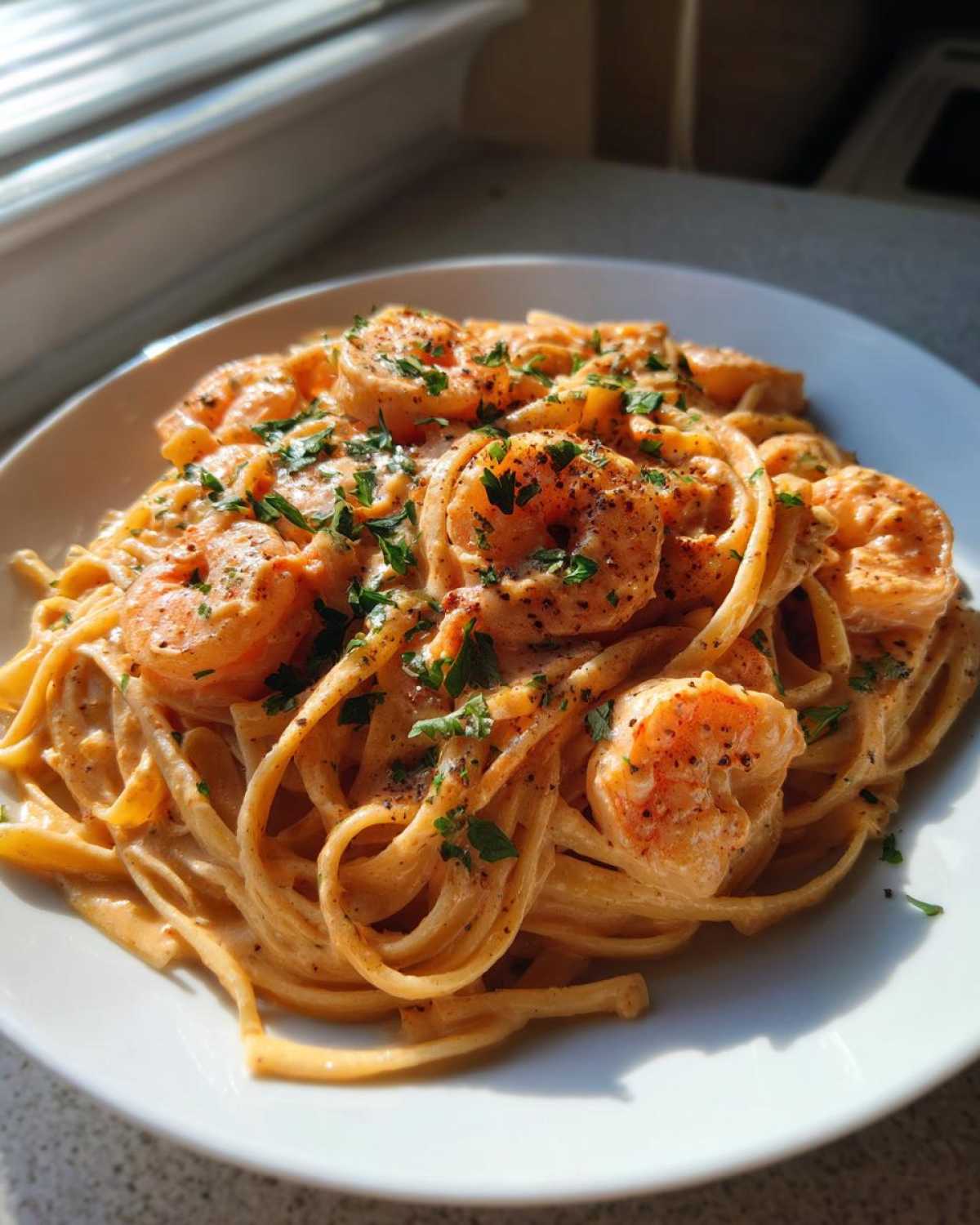 Close-up of a plate piled high with Creamy Cajun Shrimp Pasta Bold Flavor, topped with seasoned shrimp and fresh parsley.