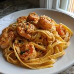 A close-up of creamy Cajun shrimp pasta featuring fettuccine noodles coated in a rich sauce and topped with seasoned shrimp.