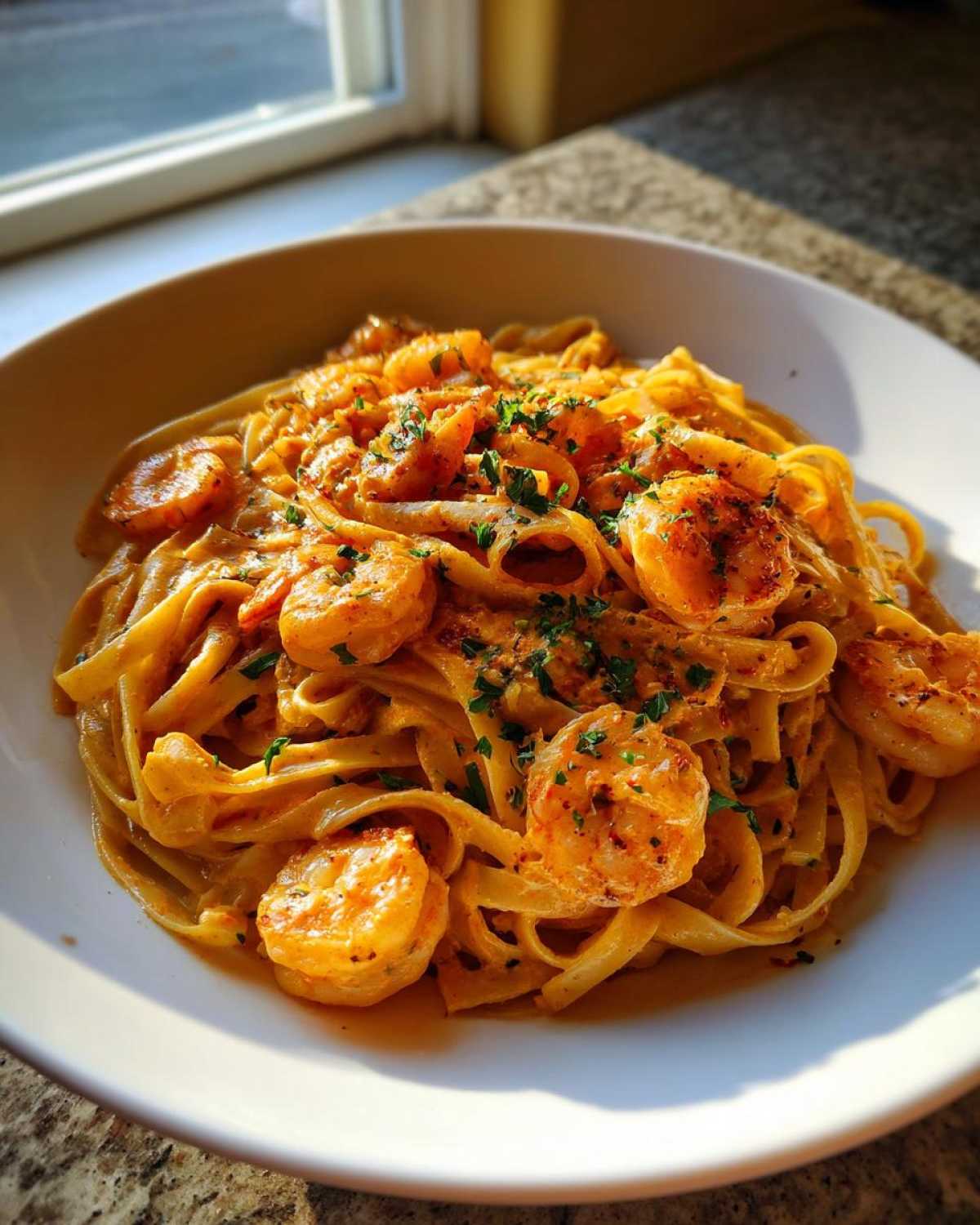 A close-up of a white bowl filled with Creamy Cajun Shrimp Pasta, featuring fettuccine noodles and seasoned shrimp, garnished with parsley.