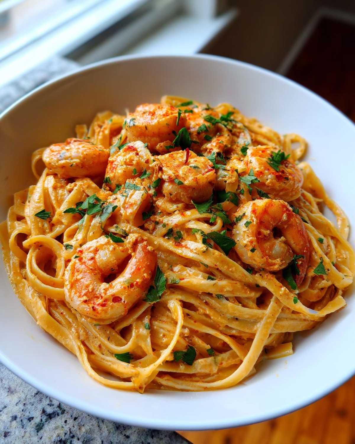 A close-up of Creamy Cajun Shrimp Pasta in a white bowl, topped with seasoned shrimp and fresh parsley.