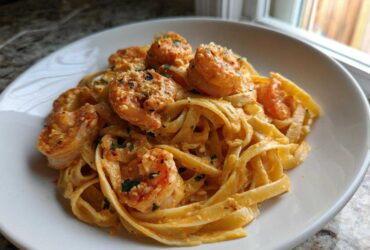 A close-up of creamy Cajun shrimp pasta featuring fettuccine noodles coated in a rich sauce and topped with seasoned shrimp.