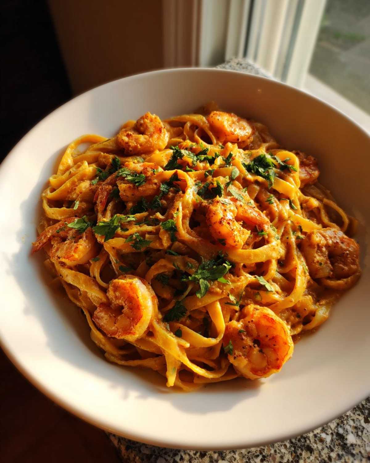 A close-up of a white bowl filled with Creamy Cajun Shrimp Pasta, topped with seasoned shrimp and fresh parsley.