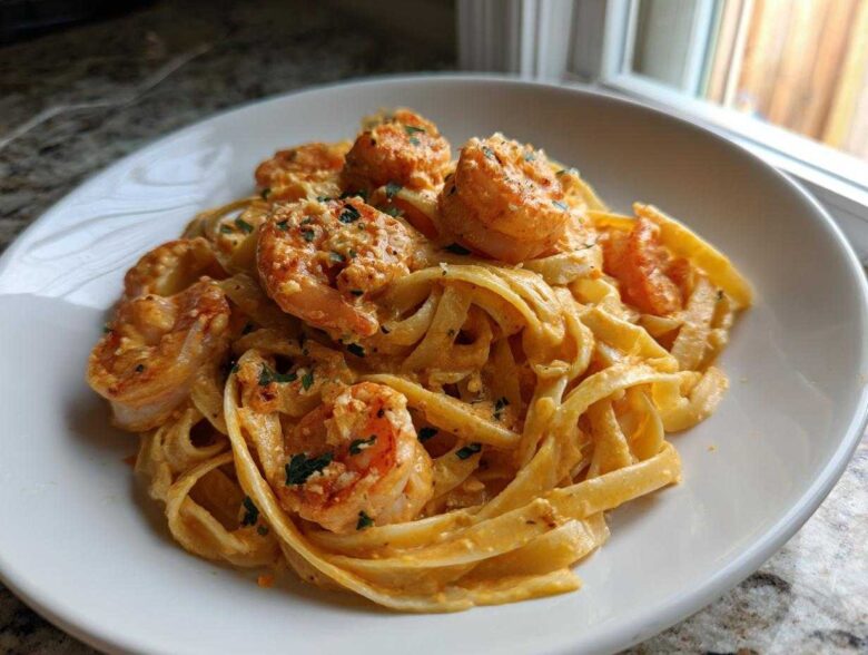 A close-up of creamy Cajun shrimp pasta featuring fettuccine noodles coated in a rich sauce and topped with seasoned shrimp.