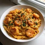 Close-up of a white bowl filled with Creamy Cajun Shrimp Pasta Bold Flavor, topped with seasoned shrimp and fresh parsley.