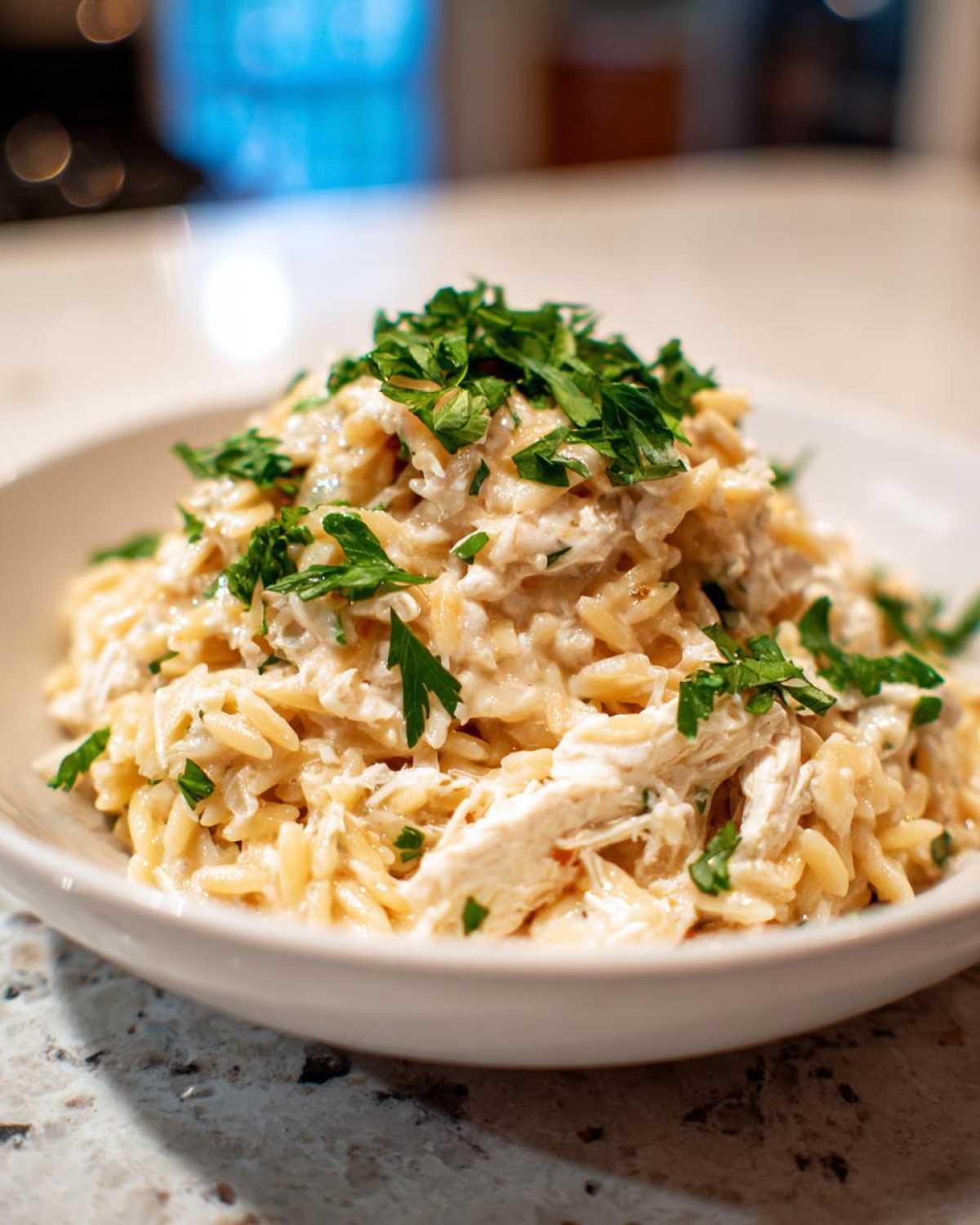 A close-up of a bowl filled with Creamy Garlic Parmesan Orzo with Chicken, topped with fresh parsley.