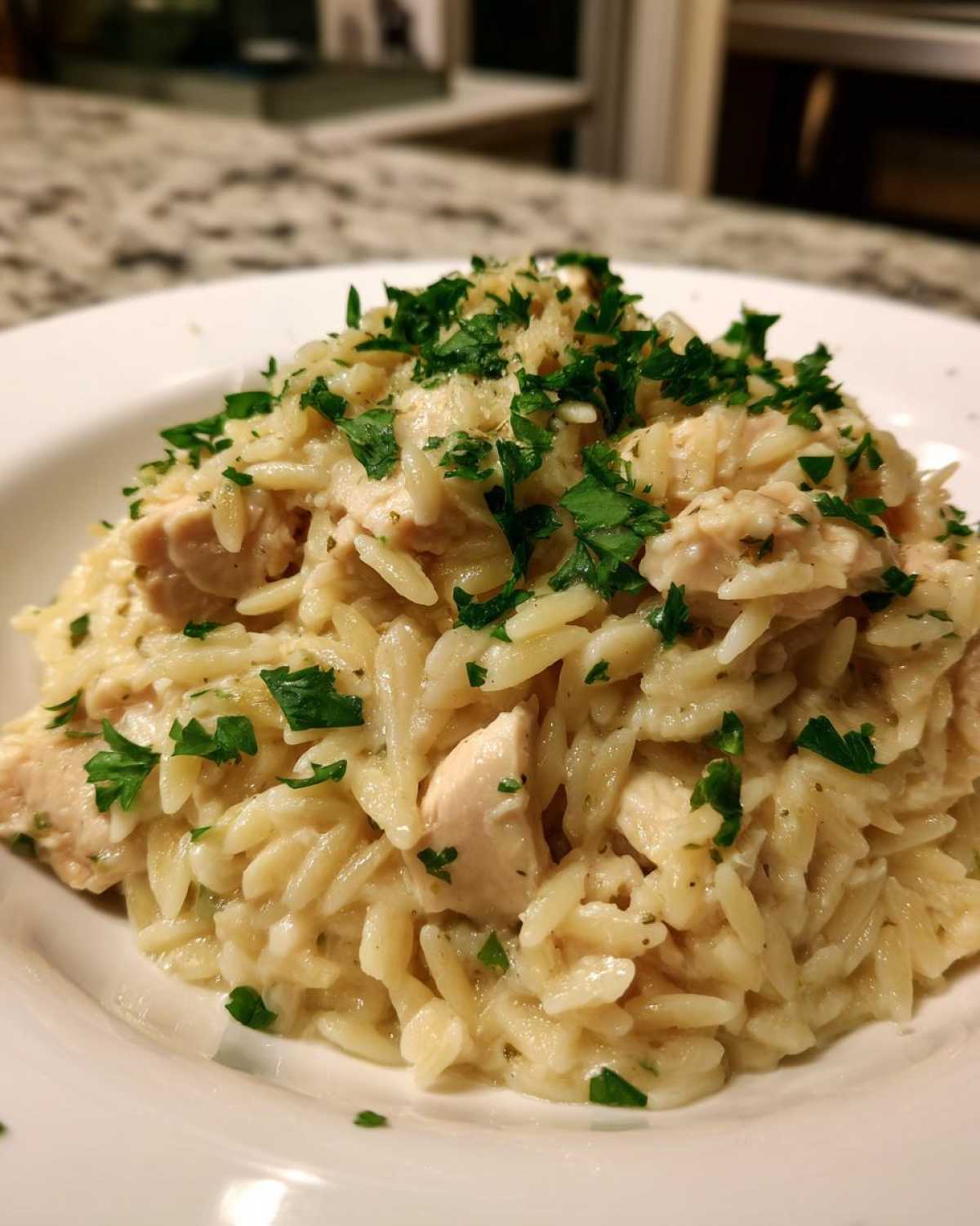 A close-up of a bowl of Creamy Garlic Parmesan Orzo with Chicken, topped with fresh parsley.