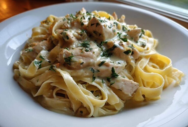 A close-up of creamy lemon garlic pasta with chicken pieces tossed in a rich white sauce and garnished with fresh parsley.