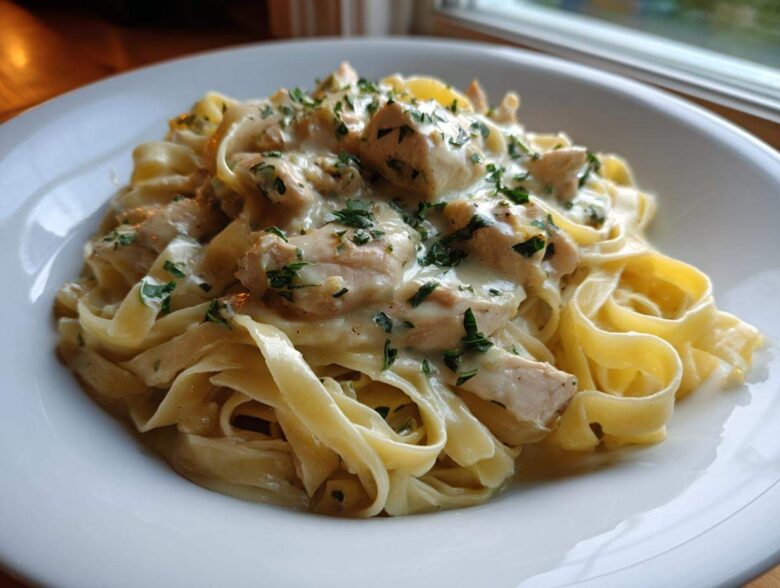 A close-up of creamy lemon garlic pasta with chicken pieces tossed in a rich white sauce and garnished with fresh parsley.