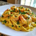 A close-up of Creamy Lemon Shrimp Pasta with Garlic Sauce, featuring large shrimp over fettuccine pasta, topped with parsley.