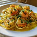 Close-up of a white bowl filled with Creamy Lemon Shrimp Pasta with Garlic Sauce, topped with fresh parsley.
