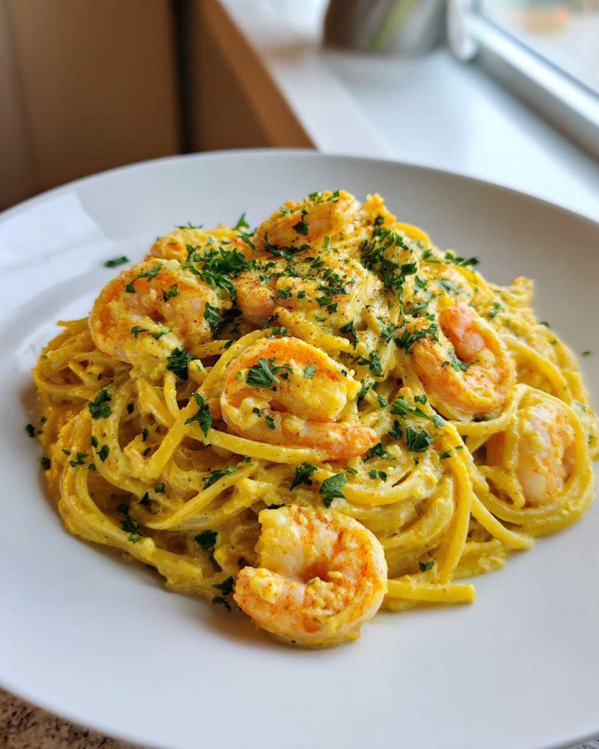 A close-up of Creamy Lemon Shrimp Pasta with Garlic Sauce, topped with shrimp and fresh parsley.