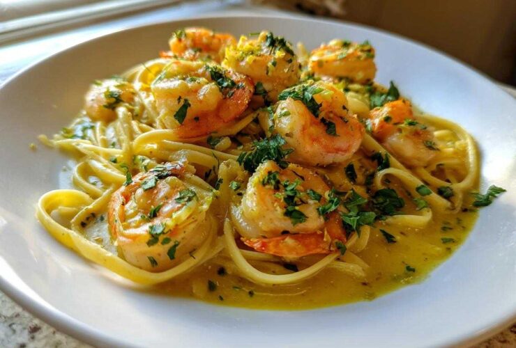 Close-up of a white bowl filled with Creamy Lemon Shrimp Pasta with Garlic Sauce, topped with fresh parsley.
