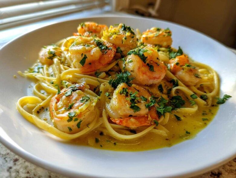 Close-up of a white bowl filled with Creamy Lemon Shrimp Pasta with Garlic Sauce, topped with fresh parsley.