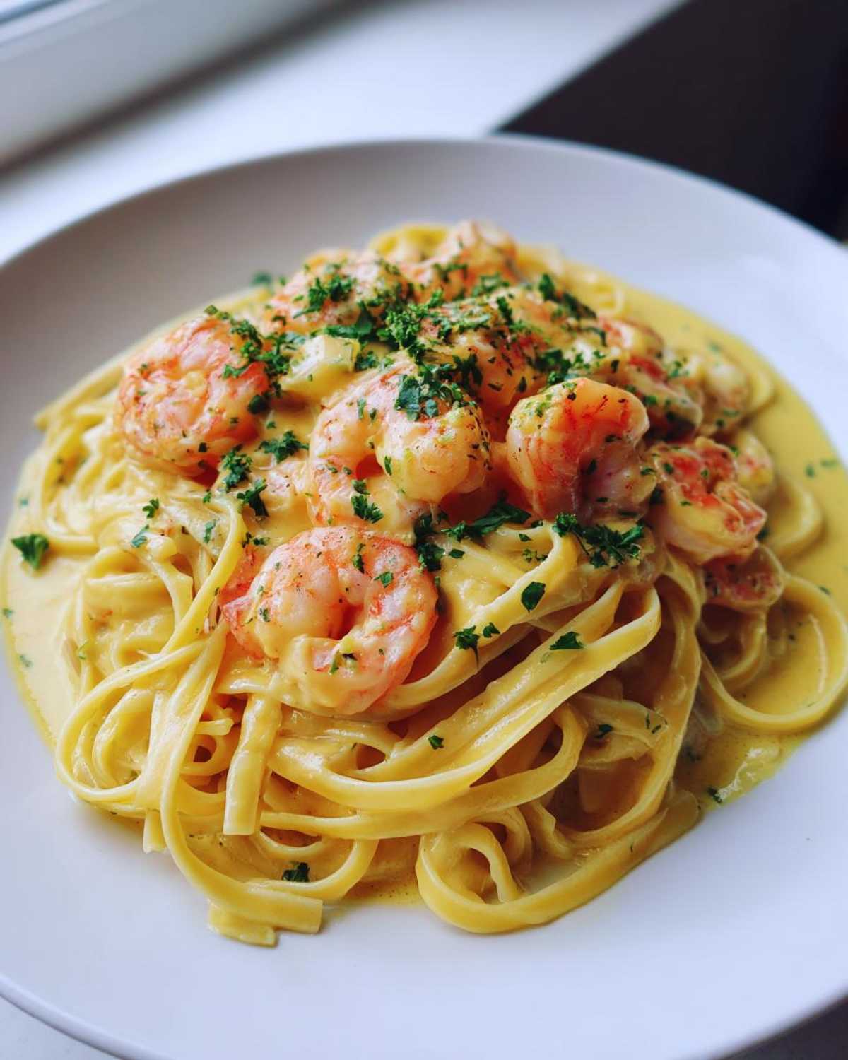 A close-up of a white bowl filled with Creamy Lemon Shrimp Pasta with Garlic Sauce, topped with pink shrimp and fresh parsley.