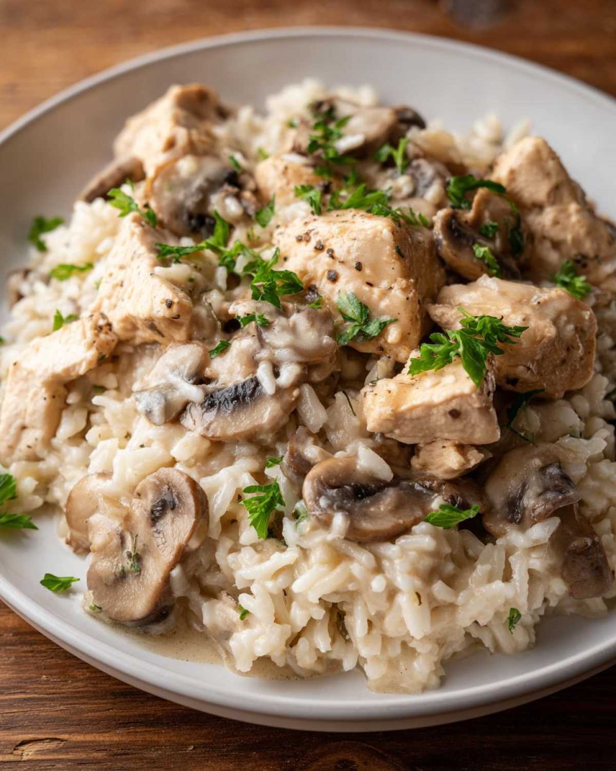 Close-up of a serving of Creamy Mushroom Chicken and Rice Skillet topped with fresh parsley.