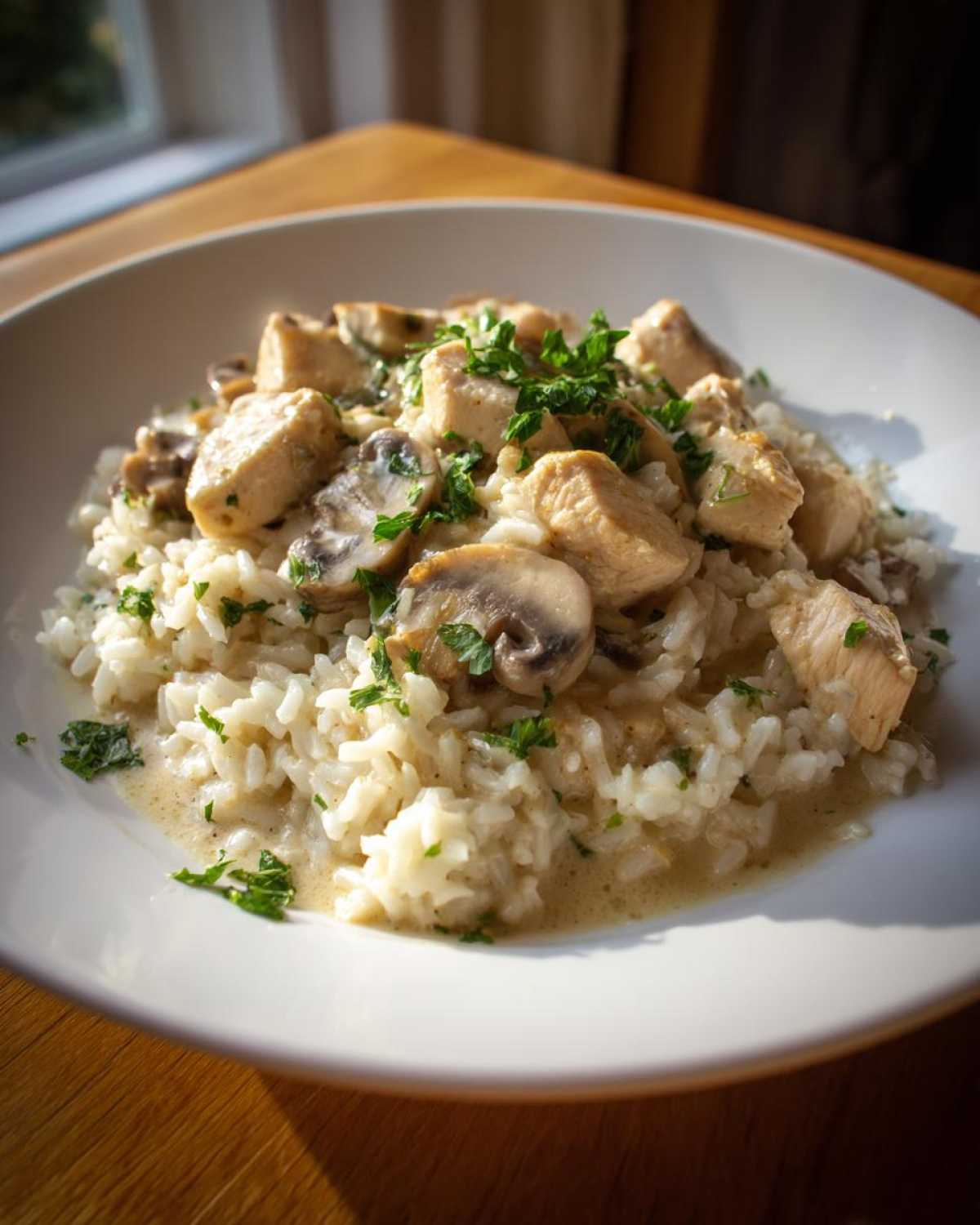 A close-up of a white bowl filled with Creamy Mushroom Chicken and Rice Skillet, topped with fresh parsley.