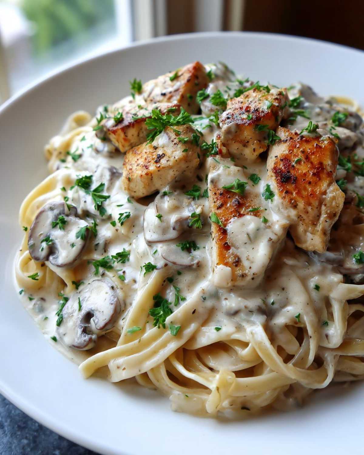 Close-up of a bowl of Creamy Mushroom Chicken Pasta with Garlic Sauce, topped with seared chicken pieces and parsley.