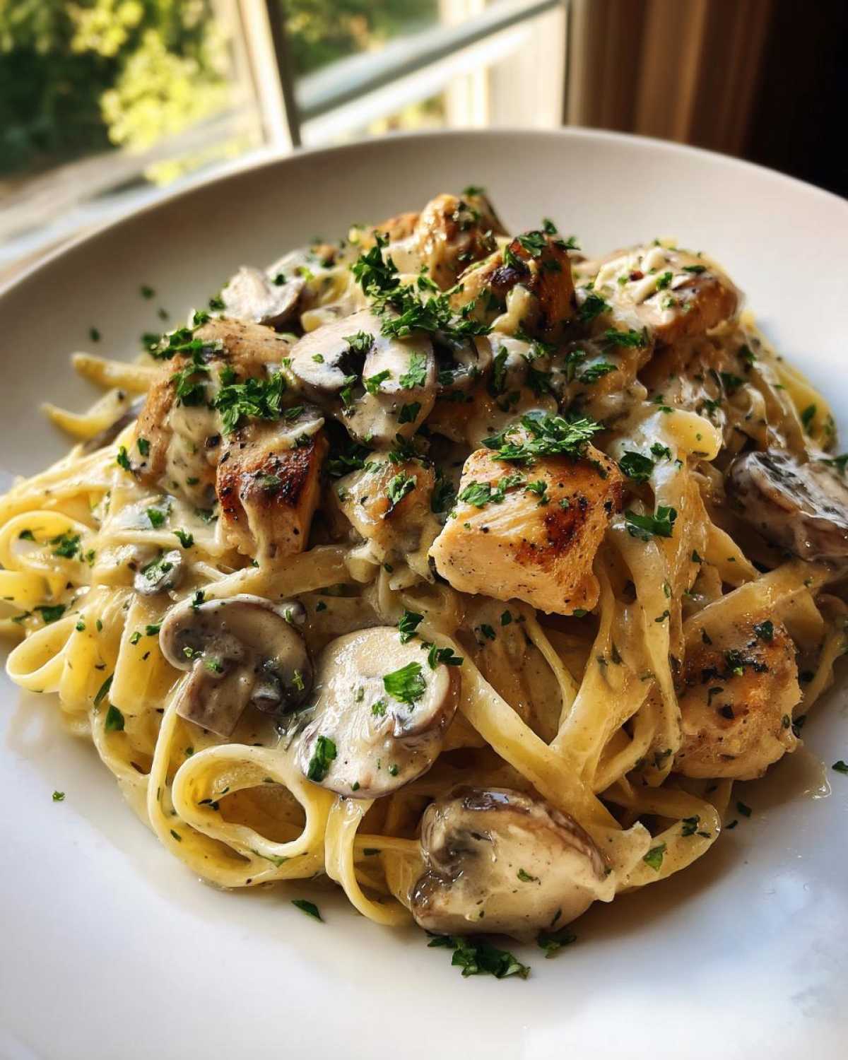 A close-up of Creamy Mushroom Chicken Pasta with fettuccine, sautéed mushrooms, and seasoned chicken pieces in a rich garlic sauce.