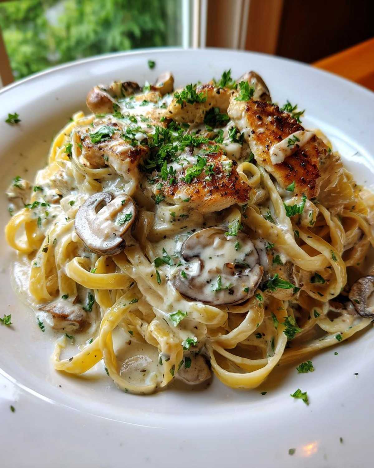 Close-up of a bowl of Creamy Mushroom Chicken Pasta with fettuccine, sliced mushrooms, and seared chicken breast, topped with parsley.