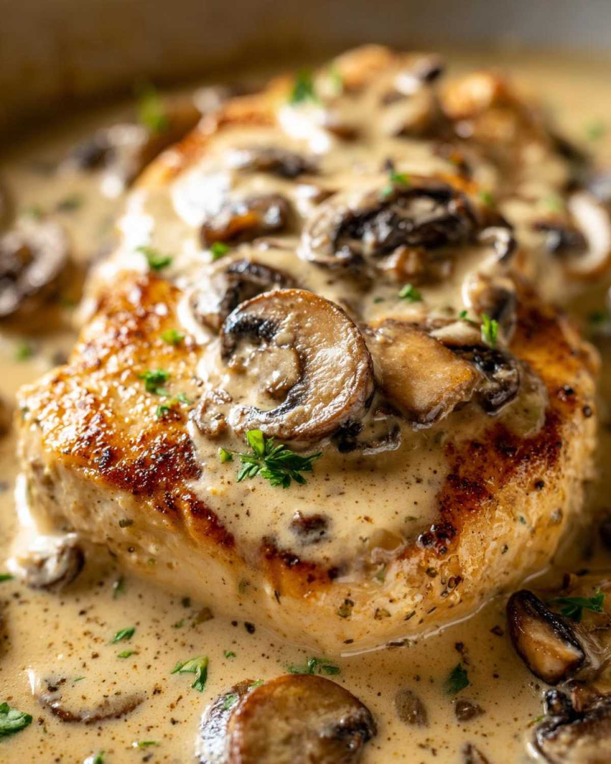 A close-up of seared chicken breast smothered in a rich, creamy mushroom sauce, garnished with fresh parsley.