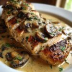 Close-up of sliced, pan-seared chicken breast covered in a creamy mushroom chicken rich sauce and parsley.