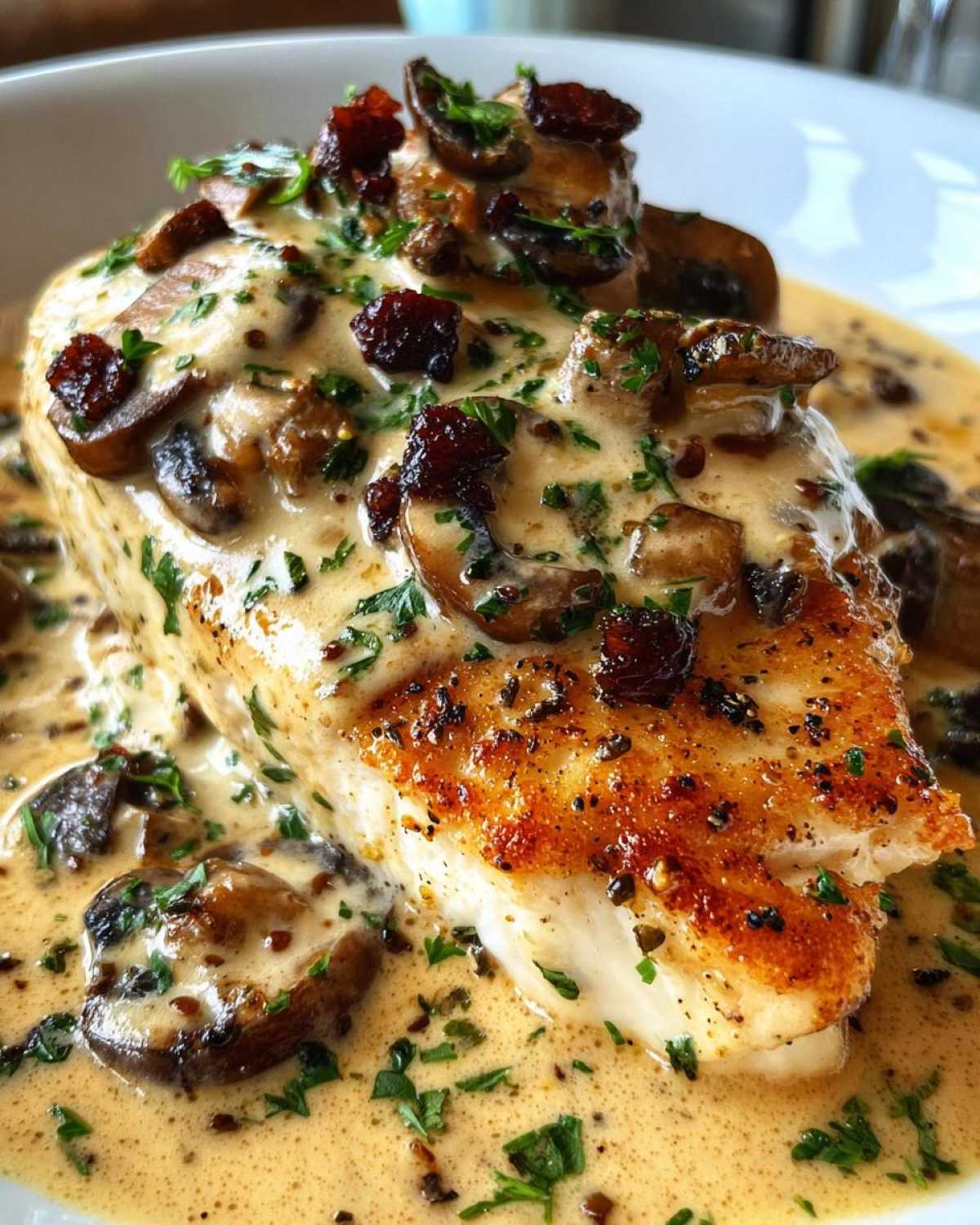 A perfectly seared chicken breast smothered in a rich sauce with sautéed mushrooms, herbs, and small dark garnishes.