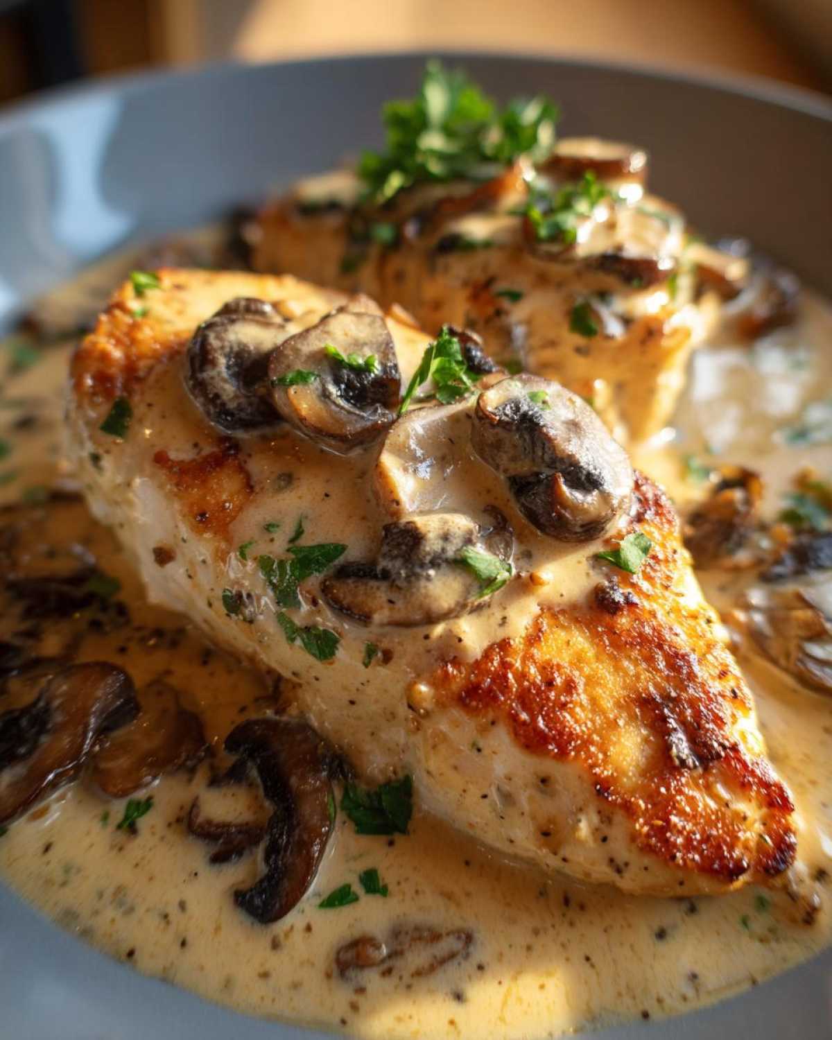 Two golden-brown chicken breasts smothered in a rich, creamy mushroom sauce and garnished with fresh parsley.