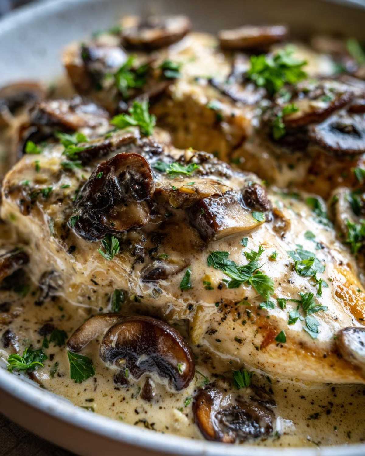 Close-up of perfectly cooked chicken breasts smothered in a rich, creamy mushroom sauce and garnished with fresh parsley.