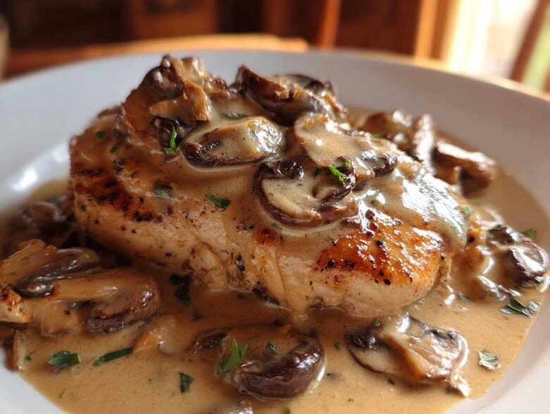 A perfectly seared chicken breast smothered in a rich, creamy mushroom sauce and garnished with parsley.