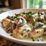 Close-up of seared chicken breasts smothered in a rich, creamy mushroom sauce and topped with fresh parsley.