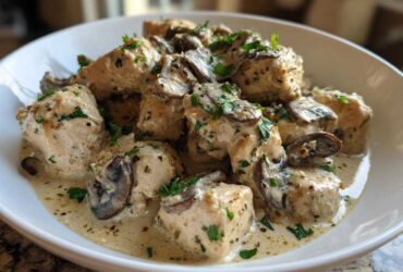 Close-up of bite-sized pieces of chicken smothered in a creamy sauce with sliced mushrooms, part of a Creamy Mushroom Chicken Skillet Easy Dinner.