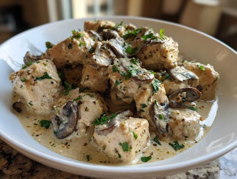 Close-up of bite-sized pieces of chicken smothered in a creamy sauce with sliced mushrooms, part of a Creamy Mushroom Chicken Skillet Easy Dinner.