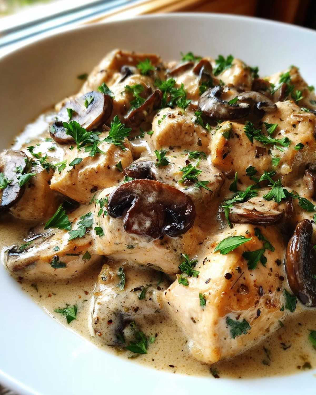 Close-up of tender chicken pieces coated in a rich, creamy sauce with sliced mushrooms, garnished with fresh parsley, perfect for a Creamy Mushroom Chicken Skillet Easy Dinner.