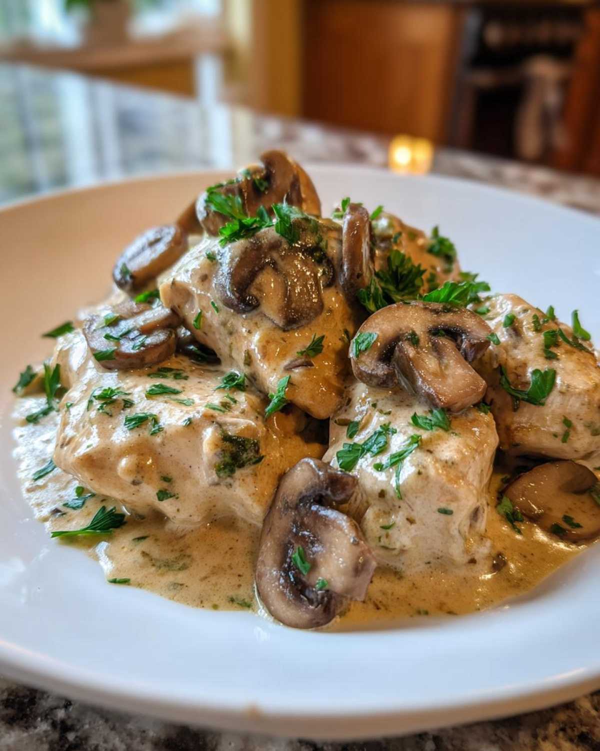 Close-up of tender chicken pieces smothered in a rich, creamy mushroom sauce and garnished with fresh parsley for a Creamy Mushroom Chicken Skillet Easy Dinner.