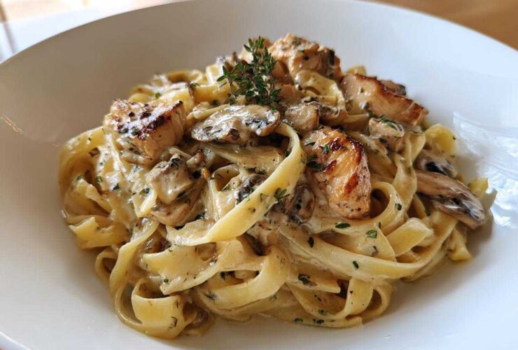 Close-up of fettuccine pasta tossed in a creamy sauce with sliced mushrooms, pieces of seared chicken, and fresh thyme, representing Creamy Mushroom Garlic Pasta with Chicken.
