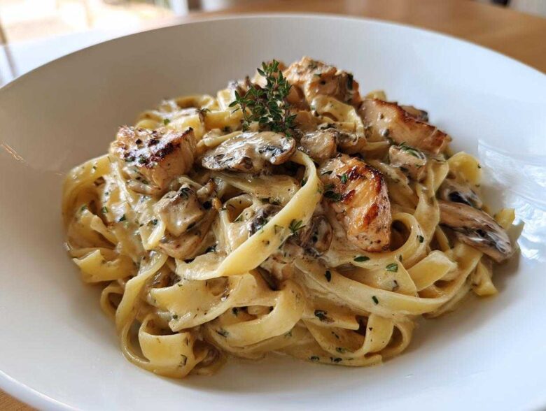 Close-up of fettuccine pasta tossed in a creamy sauce with sliced mushrooms, pieces of seared chicken, and fresh thyme, representing Creamy Mushroom Garlic Pasta with Chicken.