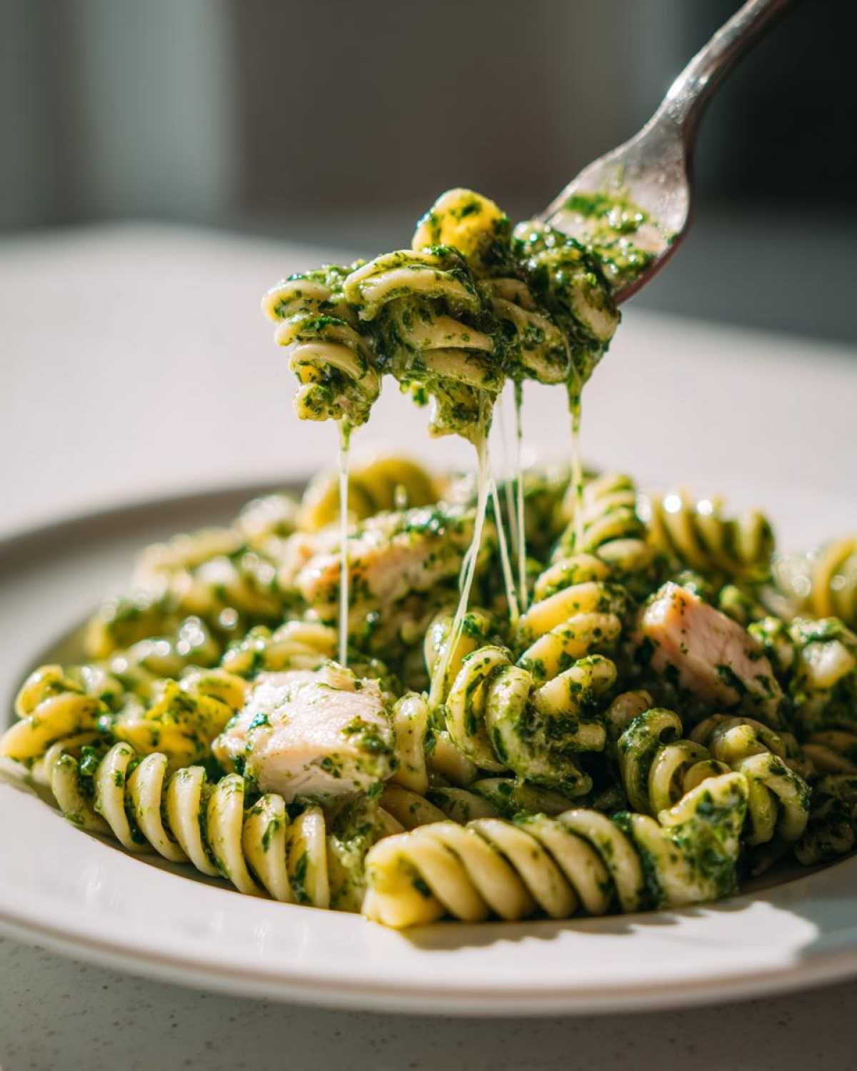 A fork lifts pesto-coated rotini pasta, showing melted mozzarella cheese stretching from the plate of Creamy Pesto Chicken Pasta with Mozzarella.