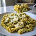 A fork lifting a bite of Creamy Pesto Chicken Pasta with Mozzarella, showing a dramatic cheese pull.