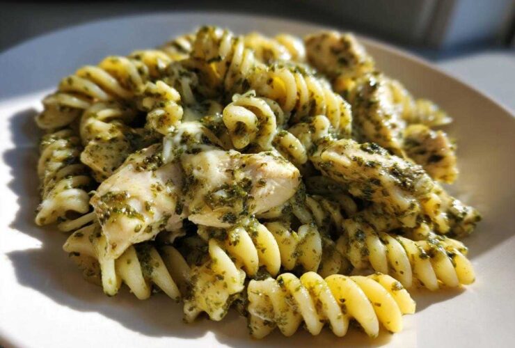A close-up of Creamy Pesto Chicken Pasta with Mozzarella featuring fusilli pasta coated in green pesto sauce and chunks of chicken.