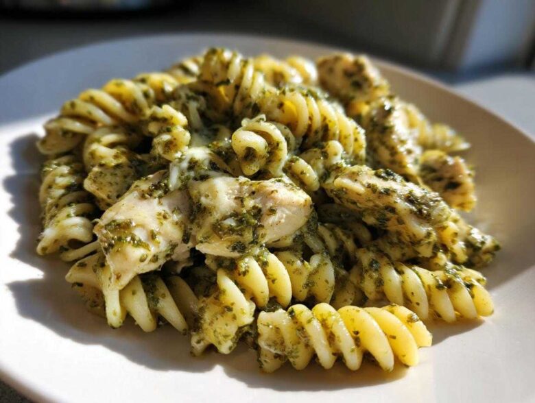 A close-up of Creamy Pesto Chicken Pasta with Mozzarella featuring fusilli pasta coated in green pesto sauce and chunks of chicken.