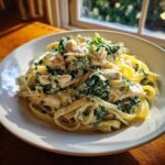 A close-up of a serving of Creamy Spinach Alfredo Pasta with Chicken, featuring fettuccine coated in a rich white sauce with green spinach and chunks of chicken.