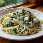A close-up of Creamy Spinach Alfredo Pasta with Chicken served on a white plate near a window.