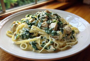A close-up of Creamy Spinach Alfredo Pasta with Chicken served on a white plate near a window.