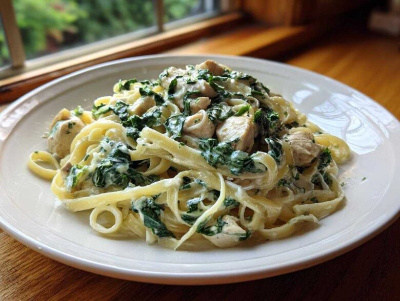 A close-up of Creamy Spinach Alfredo Pasta with Chicken served on a white plate near a window.