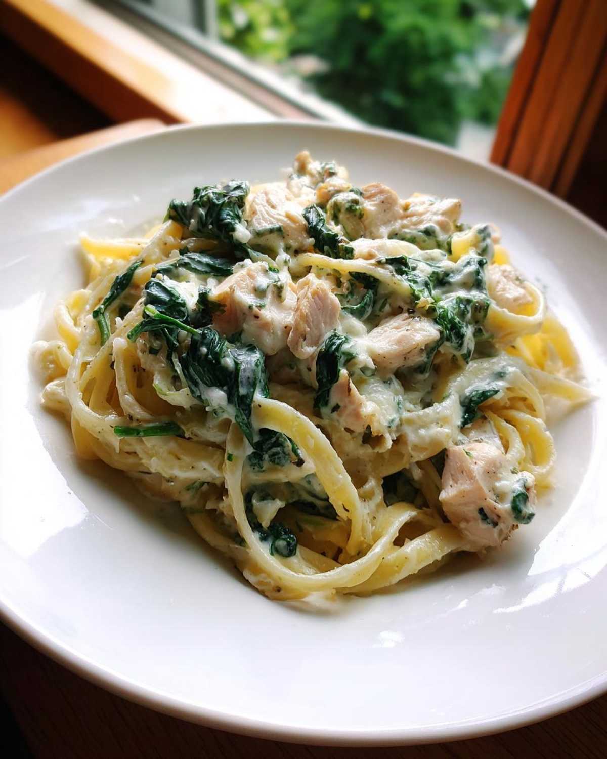 A close-up of a white plate filled with Creamy Spinach Alfredo Pasta with Chicken, featuring fettuccine noodles and chunks of chicken.