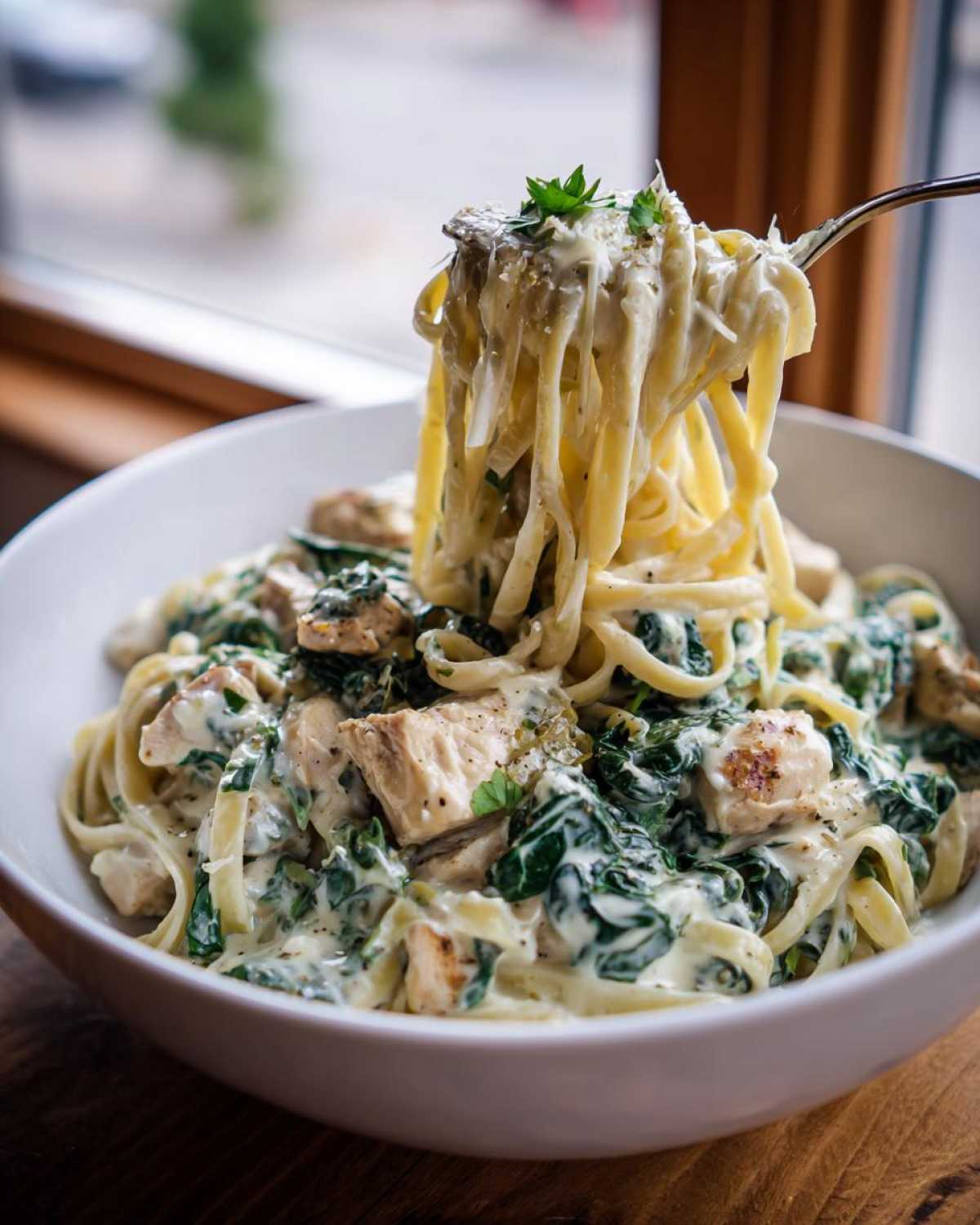 A fork twirling fettuccine noodles from a bowl of Creamy Spinach Alfredo Pasta with Chicken.