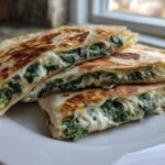Three stacked wedges of golden-brown Creamy Spinach Artichoke Quesadillas showing gooey, melted cheese and green spinach filling.
