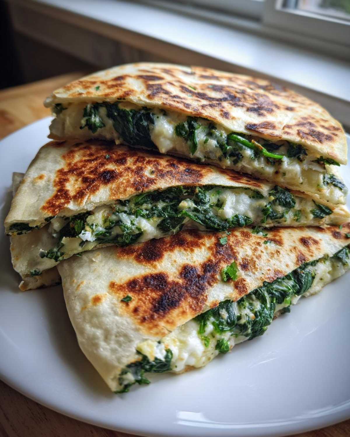 Three stacked, golden-brown slices of Creamy Spinach Artichoke Quesadillas showing the melted cheese and spinach filling.