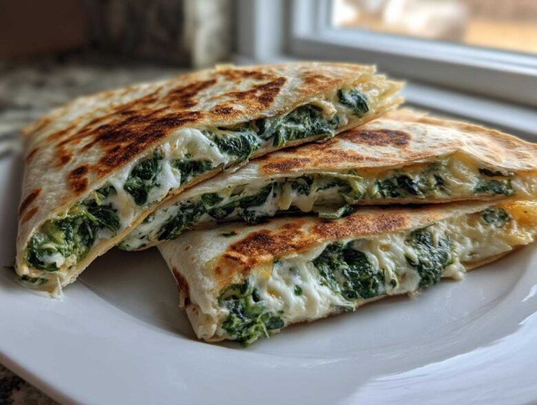 Three stacked wedges of golden-brown Creamy Spinach Artichoke Quesadillas showing gooey, melted cheese and green spinach filling.