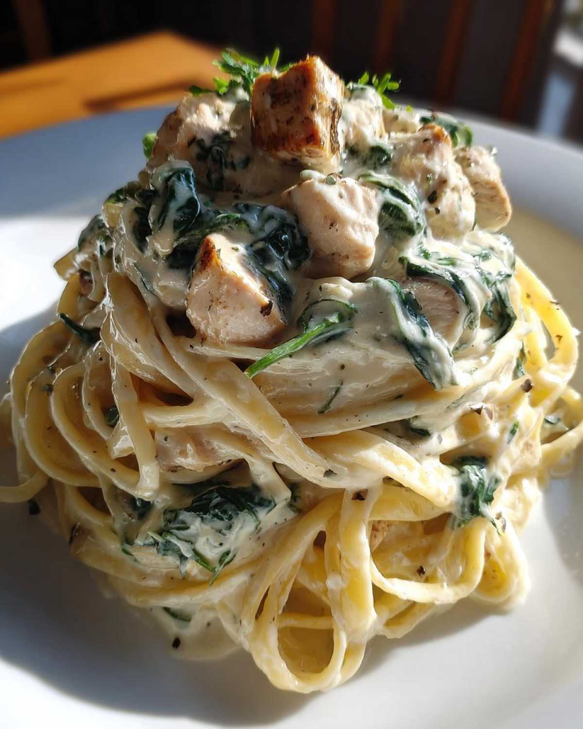 A close-up serving of Creamy Spinach Chicken Pasta with Alfredo Sauce, featuring fettuccine noodles, chunks of chicken, and wilted spinach.